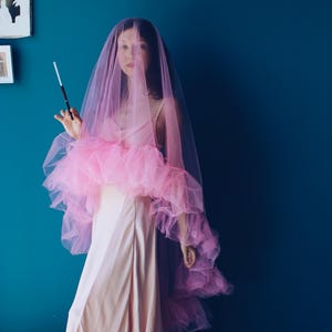 Pink Veil, Veil with ruffles, Modern Veil