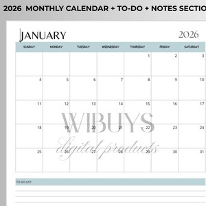 May include: A 2026 monthly calendar with a to-do and notes section. The January calendar is displayed with a light blue header and grid lines. The text "WIBUYS digital products" is in the center. The calendar includes a 12-month option.