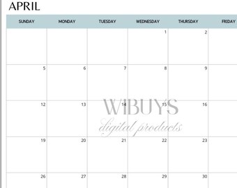 May include: A printable calendar for April 2026 with a minimalist design. The calendar is in a light blue color scheme and has the days of the week listed at the top. The numbers 1 through 30 are listed in the boxes below. The text "WIBUYS digital products" is in the center of the calendar.