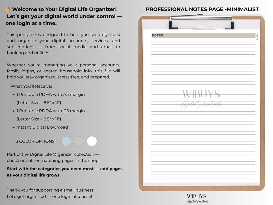 Notes Page Professional Professional Notes Page Minimalist L 2 Printable PDF/A File L Instant ...