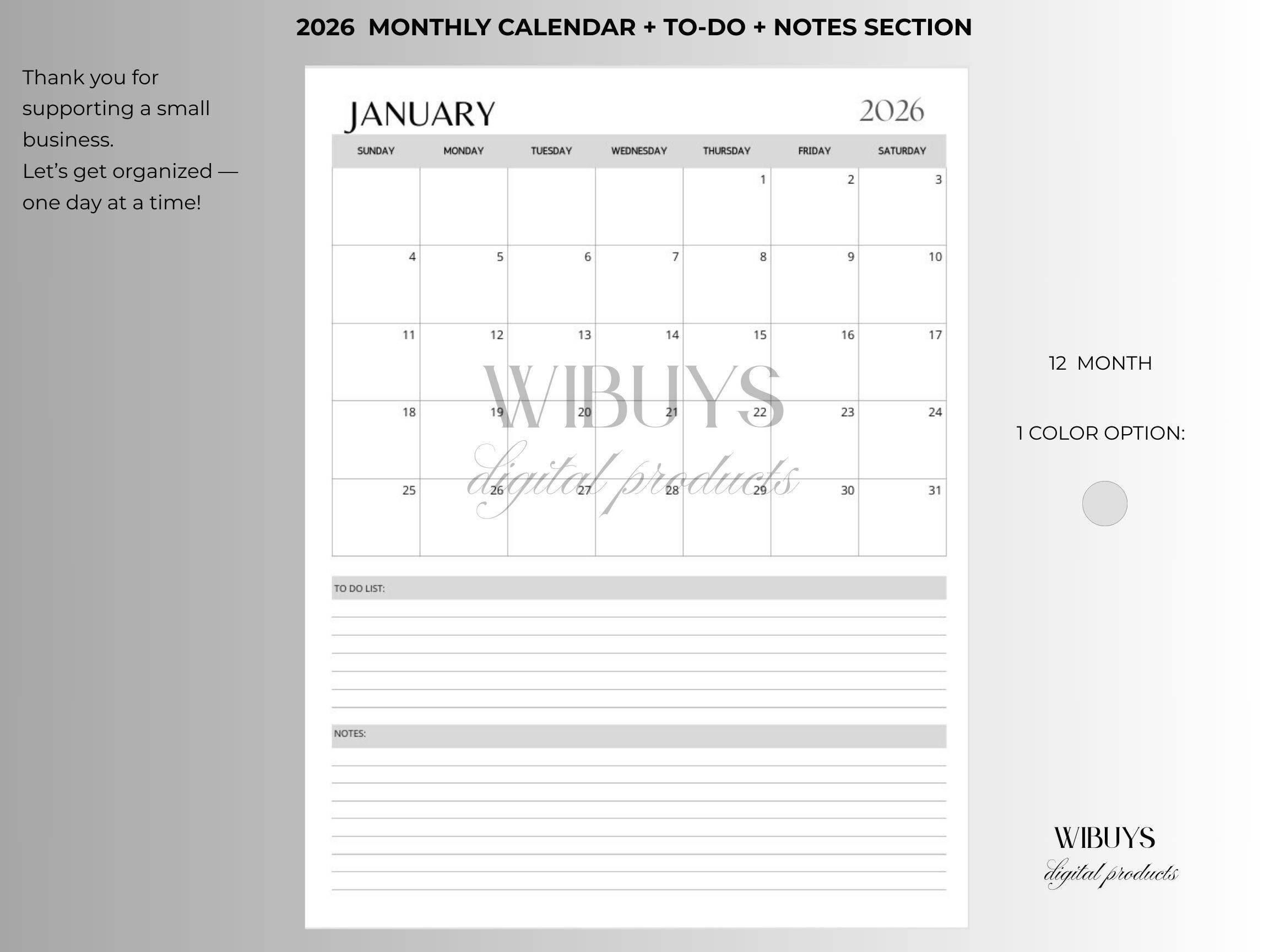 2026 Minimalist Calendar With to Do List and Notes L Jan - Dec L ...