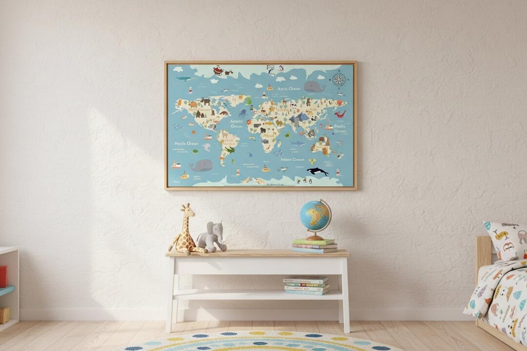 Animal World Map Canvas Wall Art, Educational Nursery Decor, Kids ...