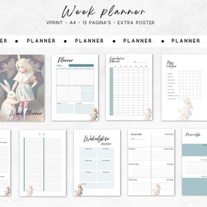 May include: A set of printable weekly planner pages featuring a whimsical illustration of a girl and a rabbit. The pages include sections for daily tasks, weekly goals, and a to-do list. The pages are designed in a light blue and white colour scheme.