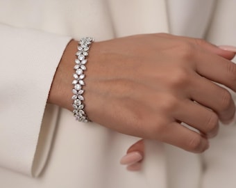 Zircon Tennis Bracelet: 925 Sterling Silver, Marquise Cut, Dainty Crystal Jewelry