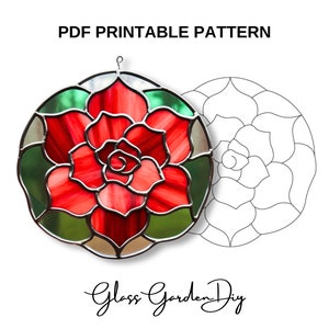 華やかなバラの花の窓に吊るすサンキャッチャーのステンドグラスのパターン PNG PDF 印刷可能なデジタルダウンロード