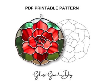 Ornate Rose Flower Window Hanging Suncatcher Stained Glass Pattern PNG PDF Printable Digital Download