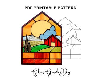 Farmhouse Stained Glass Suncatcher – Rustic Barn & Countryside Window Hanging Decor, Pattern PDF DIY Printable Template