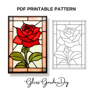 長方形のフレームにバラの花をあしらった装飾ステンドグラスのパターン PDF 印刷可能デジタルダウンロード