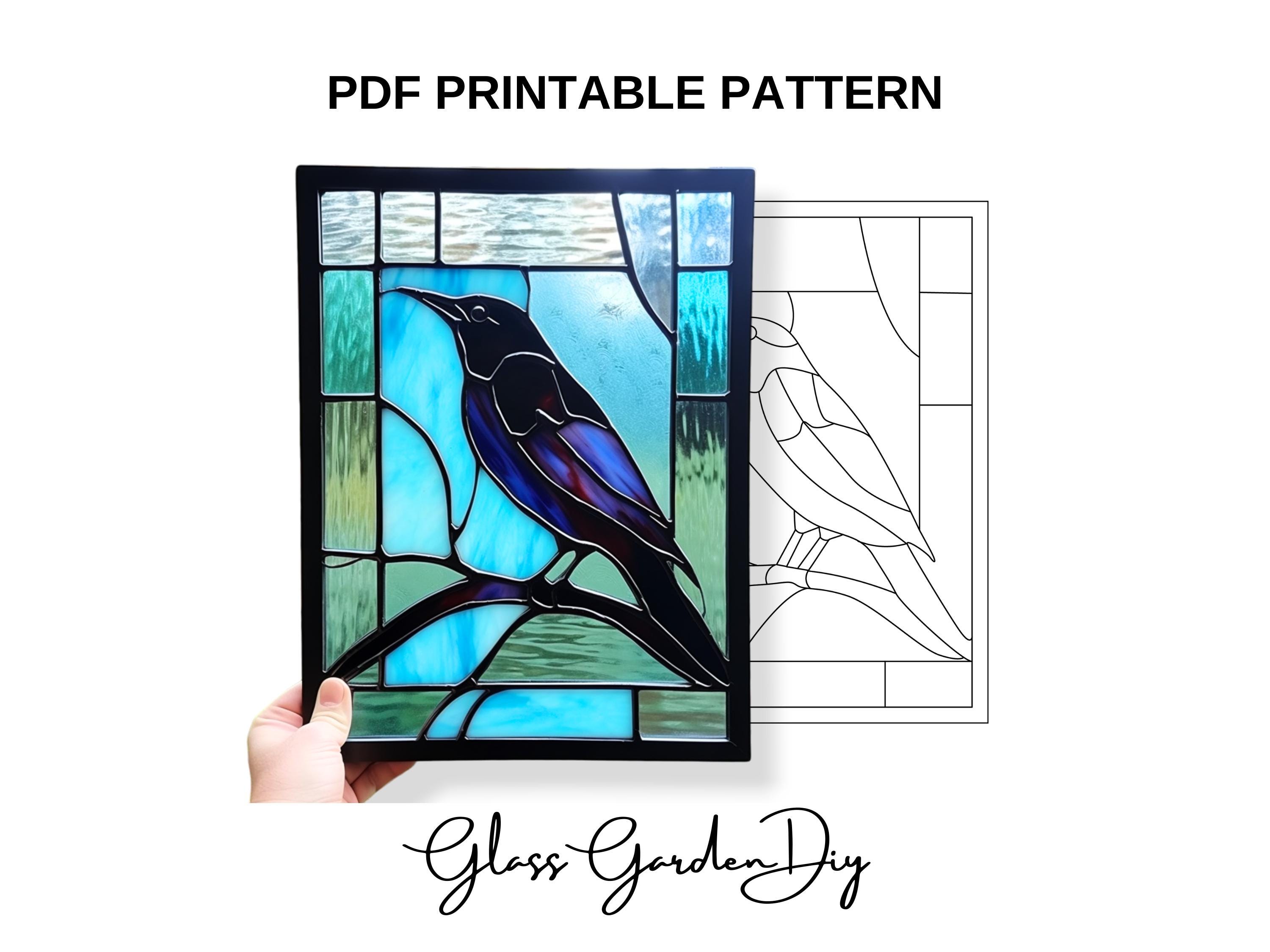 Stained Glass Bird Pattern PDF, DIY Printable Template, Crow Raven Stained Glass Design, Nature Window Panel, Digital Craft Pattern