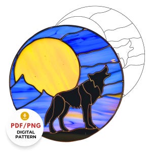 Wolf Stained Glass Pattern, DIY Howling Wolf Suncatcher, Full Moon Glass Art PDF SVG, Wildlife Stained Glass Digital Download