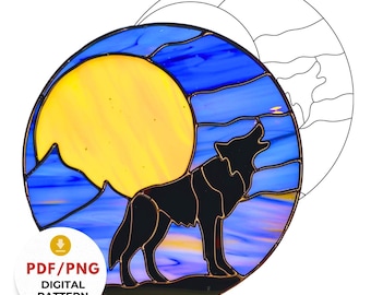 Wolf Stained Glass Pattern, DIY Howling Wolf Suncatcher, Full Moon Glass Art PDF SVG, Wildlife Stained Glass Digital Download