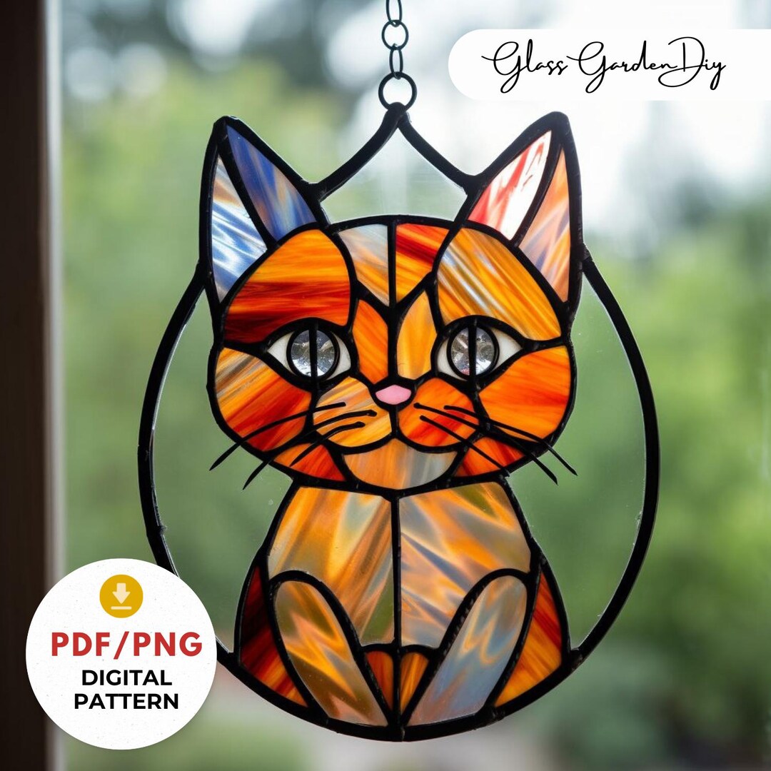 Stained Glass Cat Face Pattern, DIY Suncatcher Template, PDF PNG ...
