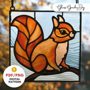Padrão de vitral de esquilo, modelo de apanhador de sol de animal da floresta, PDF SVG de vitral faça você mesmo, download digital de arte em vidro da floresta