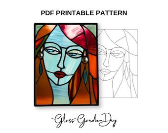 Woman Face Portrait Stained Glass Pattern PNG PDF Printable File Digital Download