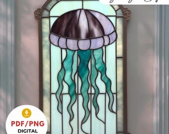 Stained Glass Jellyfish Pattern, DIY Ocean Window Art, Marine Life Suncatcher, Digital Template, Printable PDF for Beginner, Coastal Decor