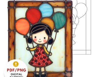 Stained Glass Girl with Balloons Pattern, DIY Whimsical Window Art, Digital Template, Printable PDF Beginner, Children’s Room Decor for Kids