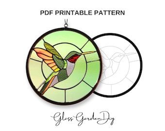 Hummingbird in a Circle Frame Stained Glass Pattern PDF PNG Printable File Digital Download