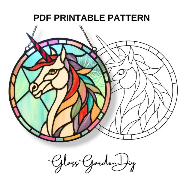 Unicorn Head in a Circle Frame Ornament Stained Glass Pattern PDF Printable Digital Download