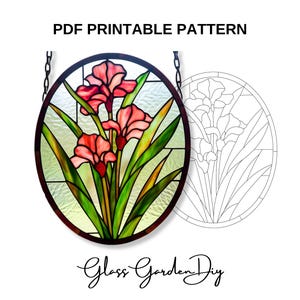 Iris Stained Glass Pattern – PDF Printable Template for DIY Stained Glass Window Art, Floral Round Panel Design, Digital Download