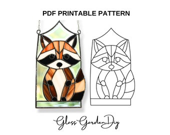 Cute Raccoon in a  Frame Ornament Stained Glass Pattern PNG PDF Printable Digital Download