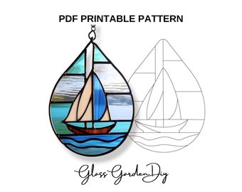Sailboat Sea Waves In a Drop Frame Ornament Stained Glass Pattern PNG PDF Printable File Digital Download