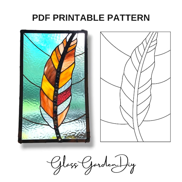 Feather in a Frame Ornament Stained Glass Pattern PNG PDF Printable Digital Download