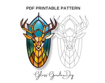 Elegant Deer Head in a Frame Ornament Stained Glass Pattern PDF PNG Printable Digital Download