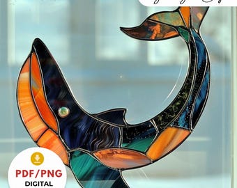 Stained Glass Whale Pattern, DIY Ocean Suncatcher, Marine Window Art, Digital Template, Printable PDF for Beginner, Nautical Decor Gift