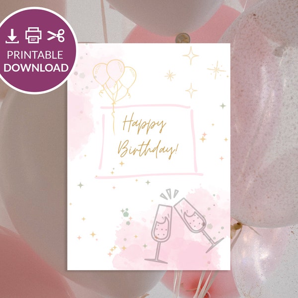 Birthday Card Printable Template Vertical Foldable Minimalistic Girly Cute Funky Design