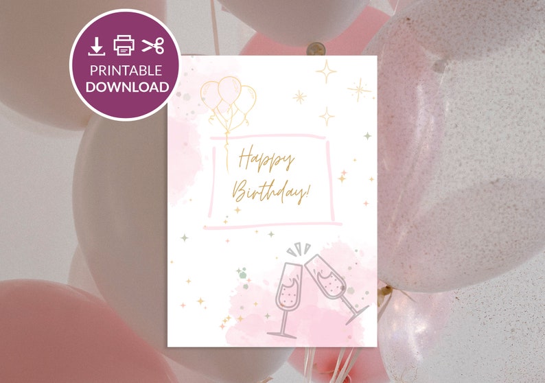 Birthday Card Printable Template Vertical Foldable Minimalistic Girly ...