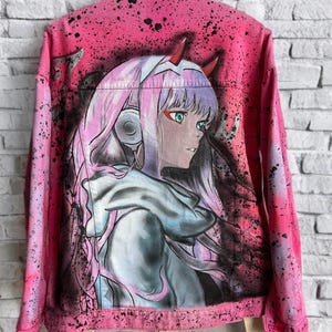 Hand painted denim. Custom Hand Painted Denim Jacket – Personalized Design | Anime denim Zero Two / Pink Oversized Jacket