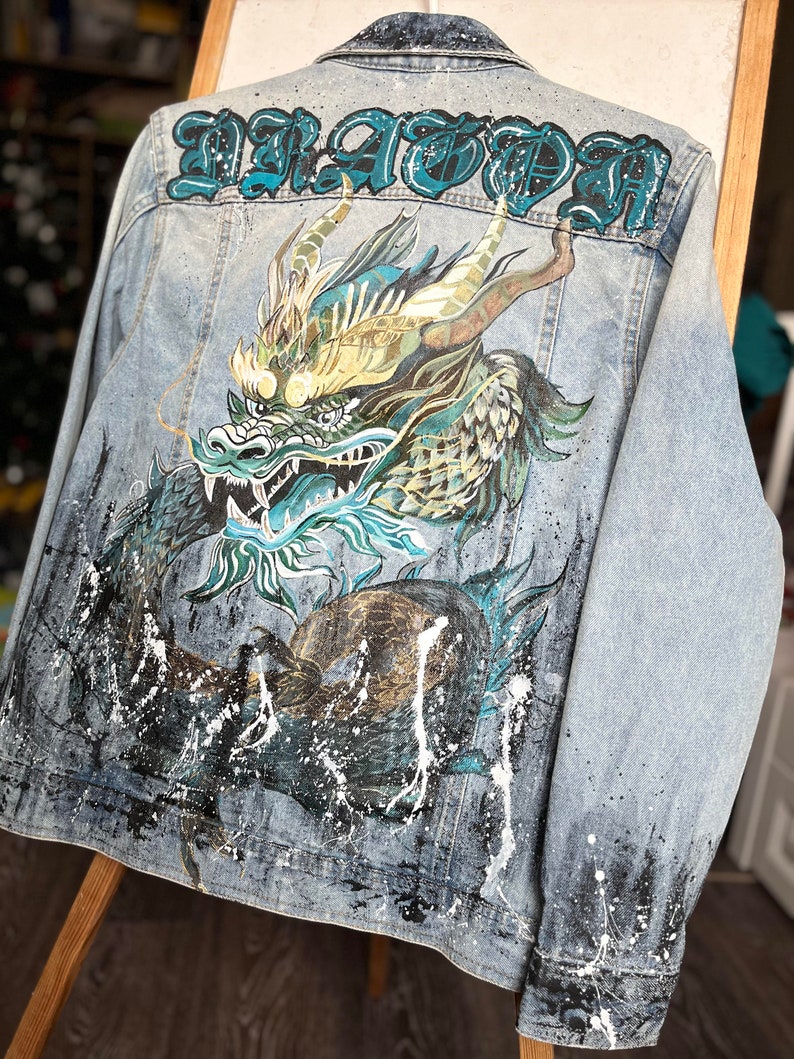 Mens Denim Jacket Dragon. Dragon Hand Painted Jacket. Dragon Denim