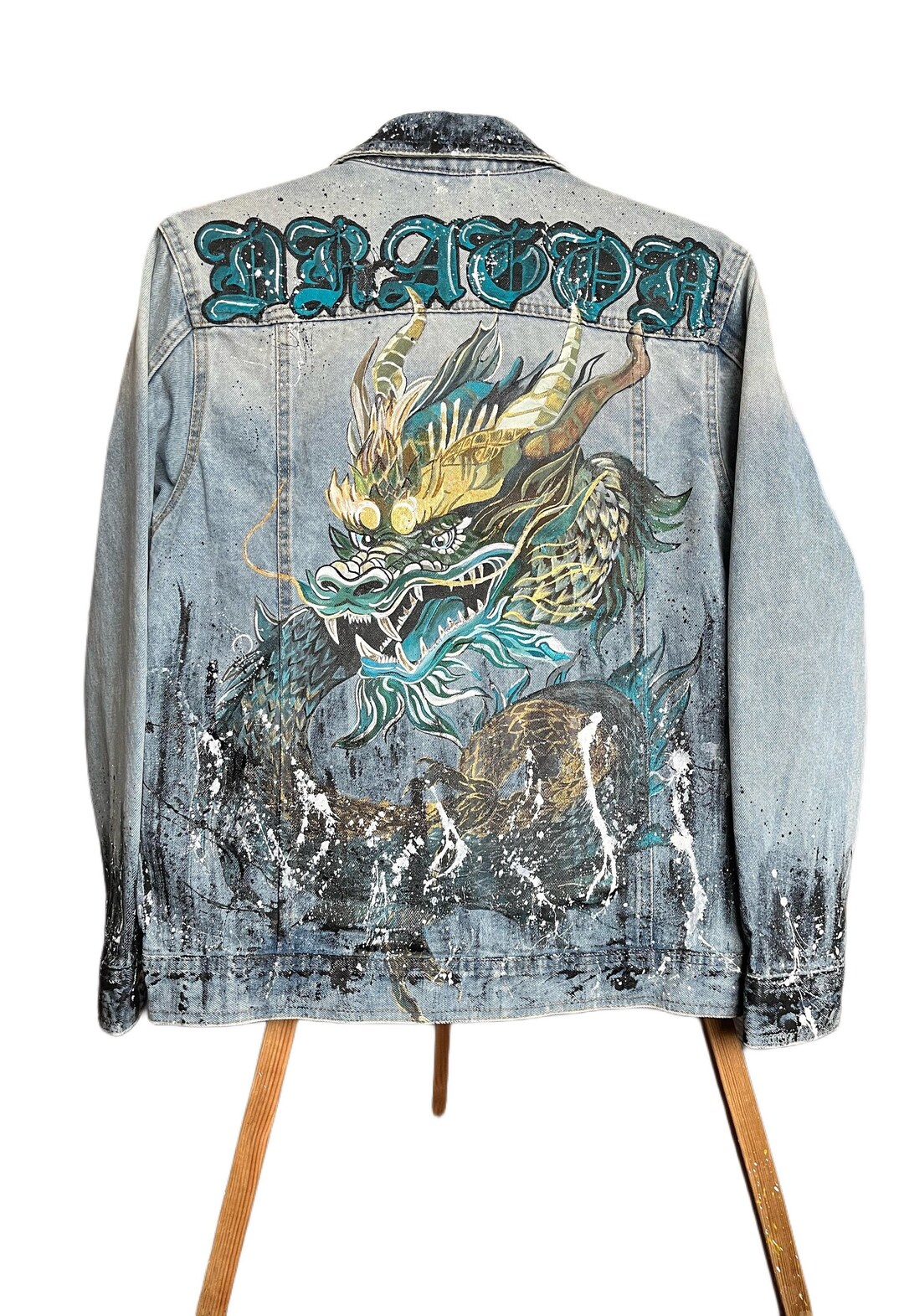 Mens Denim Jacket Dragon. Dragon Hand Painted Jacket. Dragon Denim