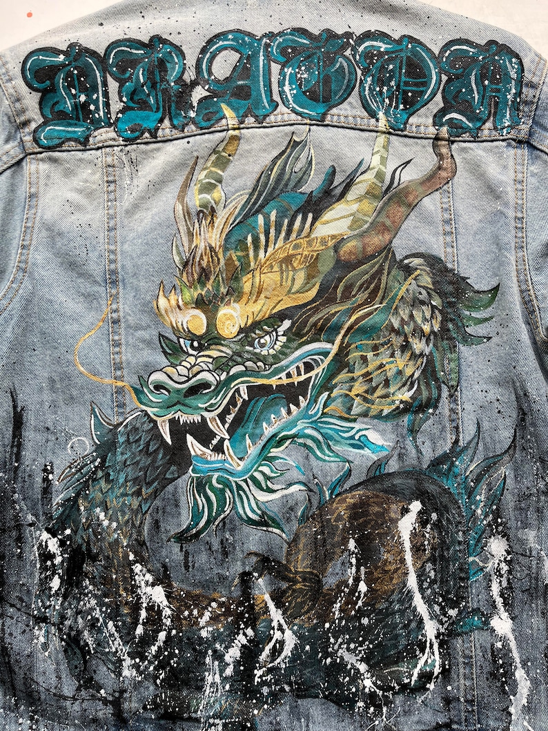 Mens Denim Jacket Dragon. Dragon Hand Painted Jacket. Dragon Denim