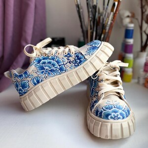 Custom Artistic Blooms: Customized Floral Sneakers in Unique Design Hand painted shoes Blue floral shoes Personalized sneakers