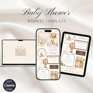 Könnte beinhalten: Eine digitale Babyparty-Website-Vorlage auf einem Laptop, Smartphone und Tablet. Das Design zeigt Beigetöne, Teddybär-Illustrationen, Heißluftballons und Wolken. Der Text umfasst Baby Shower, Registry, Diaper Raffle und RSVP.