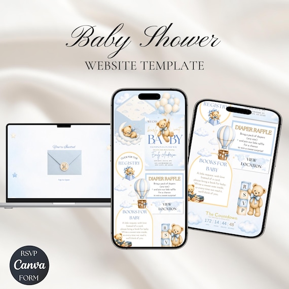 We Can Bearly Wait Baby Shower Website Invitation | Teddy Bear Baby Shower Invite Template | Editable Canva Invitation with RSVP