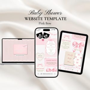 May include: A baby shower website template with a pink bow design, shown on a laptop, smartphone, and tablet. The smartphone displays a baby shower invitation with ultrasound scans, and the tablet shows a countdown.
