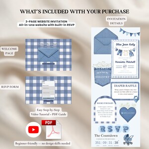 Puede incluir: Un conjunto de invitaciones para baby shower con tem&aacute;tica de vaqueros azules. Incluye una invitaci&oacute;n de sitio web de 3 p&aacute;ginas, un formulario RSVP y detalles para una rifa de pa&ntilde;ales y libros para beb&eacute;s. Cuenta con un temporizador de cuenta regresiva y un tutorial en v&iacute;deo.