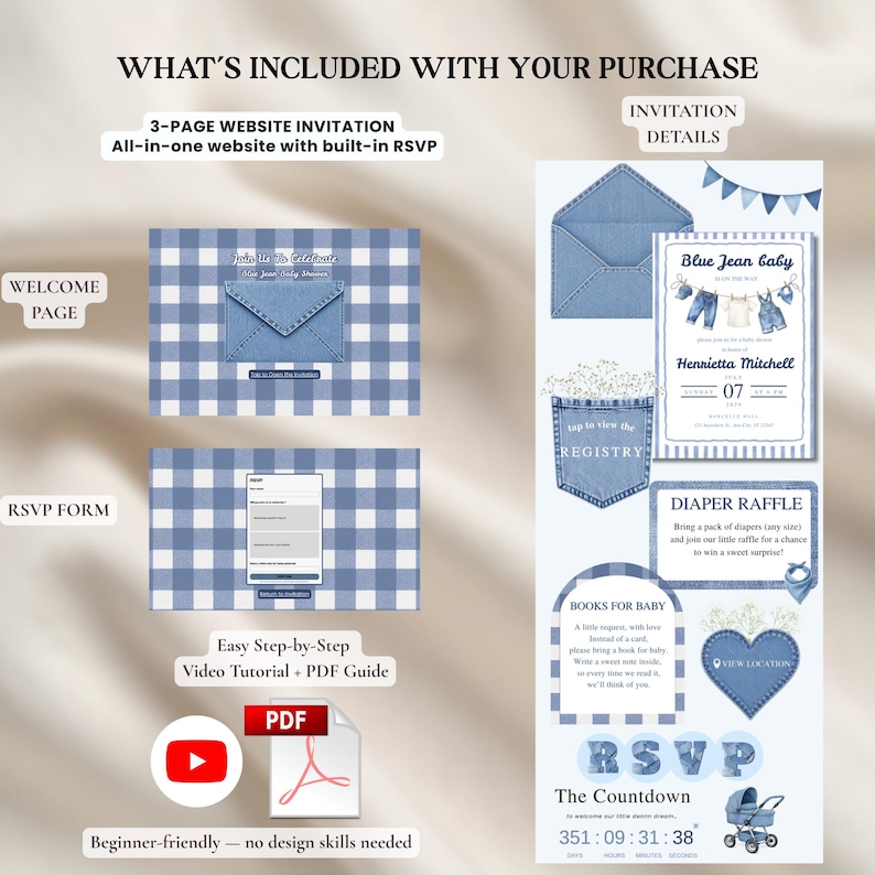 Puede incluir: Un conjunto de invitaciones para baby shower con tem&aacute;tica de vaqueros azules. Incluye una invitaci&oacute;n de sitio web de 3 p&aacute;ginas, un formulario RSVP y detalles para una rifa de pa&ntilde;ales y libros para beb&eacute;s. Cuenta con un temporizador de cuenta regresiva y un tutorial en v&iacute;deo.
