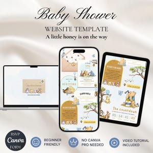 Winnie the Pooh Baby Shower Invitation Website with RSVP | Little Honey Is On The Way, Editable Canva Invite