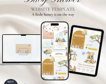 Invitación para baby shower de Winnie the Pooh con confirmación de asistencia / Little Honey está en camino, invitación editable en Canva