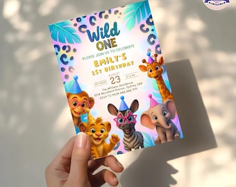 Wild One Safari Birthday Invitation, Animal Jungle Party Printable Invite, Editable 1st Birthday Girl Template, Instant Download