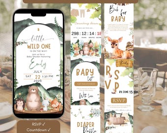 Invitación para baby shower con temática de bosque, plantilla editable de Canva, confirmación de asistencia en línea (descarga digital)