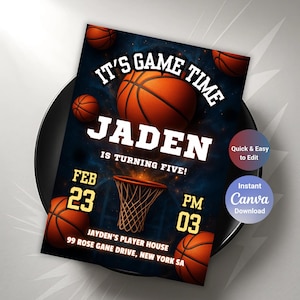 Basketball-Geburtstagseinladung für Kinder, Jungen-Bday-Party, druckbares und bearbeitbares Player-Thema, jedes Alter, mobiles Evite, sofortiger Download