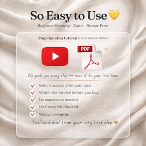 May include: A digital instructional graphic featuring the text So Easy to Use with a yellow heart icon. It includes a YouTube logo, a PDF icon, and a checklist stating instant access, tutorial availability, no experience needed, no Canva Pro required, and ready in minutes.