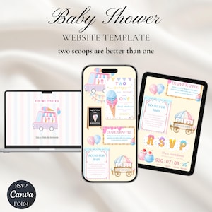 Könnte beinhalten: Eine Babyparty-Website-Vorlage, die auf einem Laptop, Smartphone und Tablet angezeigt wird. Das Design zeigt Eiscreme-Illustrationen, Pastellfarben und den Text "two scoops are better than one". Das RSVP Canva-Formular ist ebenfalls sichtbar.