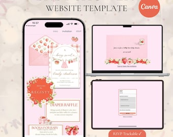 Plantilla web para invitación de baby shower con temática de frutos rojos / Invitación editable en Canva con confirmación de asistencia