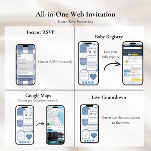 Puede incluir: Gr&aacute;fico de invitaci&oacute;n web todo en uno con cuatro caracter&iacute;sticas clave: RSVP instant&aacute;neo, registro de beb&eacute;, Google Maps y cuenta regresiva en vivo. Cada funci&oacute;n se muestra en la pantalla de un tel&eacute;fono inteligente. El dise&ntilde;o es azul y blanco.