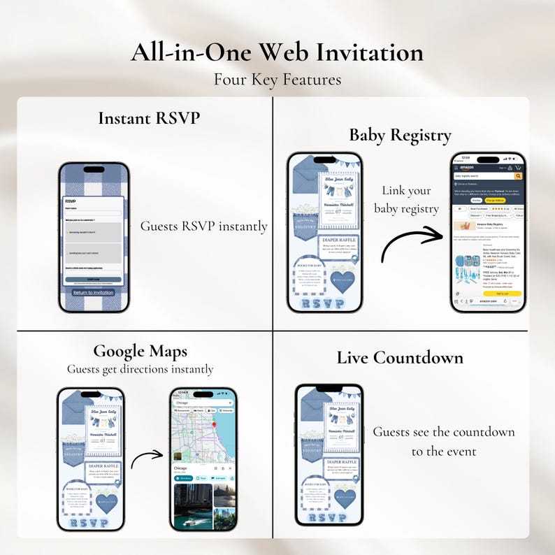 Puede incluir: Gr&aacute;fico de invitaci&oacute;n web todo en uno con cuatro caracter&iacute;sticas clave: RSVP instant&aacute;neo, registro de beb&eacute;, Google Maps y cuenta regresiva en vivo. Cada funci&oacute;n se muestra en la pantalla de un tel&eacute;fono inteligente. El dise&ntilde;o es azul y blanco.